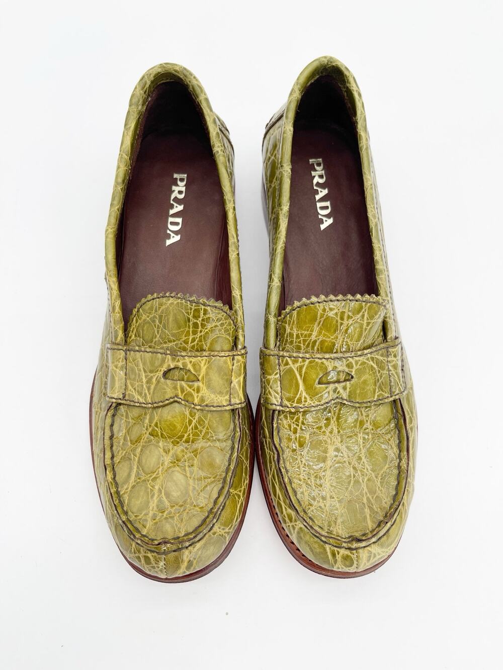 Prada Spring 2005 Runway Vintage Green Exotic Alligator Penny Loafers IT 37